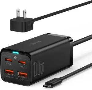 USB C Charger, Baseus 100W PD GaN3 Fast Wall Charger Block, 4-Ports [2USB-C   2USB] Charging Station with 5ft Extension Cord for Steam Deck, MacBook Pro, iPhone 15/14/13, Samsung Galaxy, etc