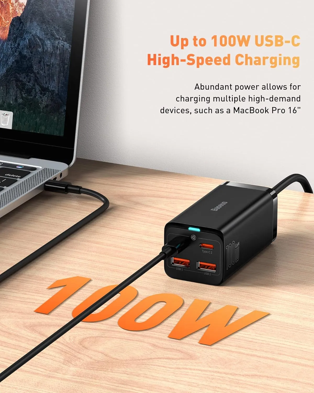 USB C Charger, Baseus 100W PD GaN3 Fast Wall Charger Block, 4-Ports [2USB-C   2USB] Charging Station with 5ft Extension Cord for Steam Deck, MacBook Pro, iPhone 15/14/13, Samsung Galaxy, etc