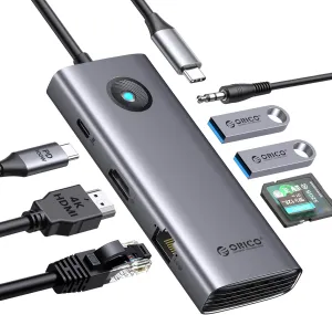 USB C Hub, ORICO 8-in-1 USB C Docking Station with 4K HDMI, 100W Power Delivery, 2 USB Port 5 Gbps, SD&TF, 3.5mm Audio, Gigabit Ethernet Type C Multiport Adapter for Windows Mac
