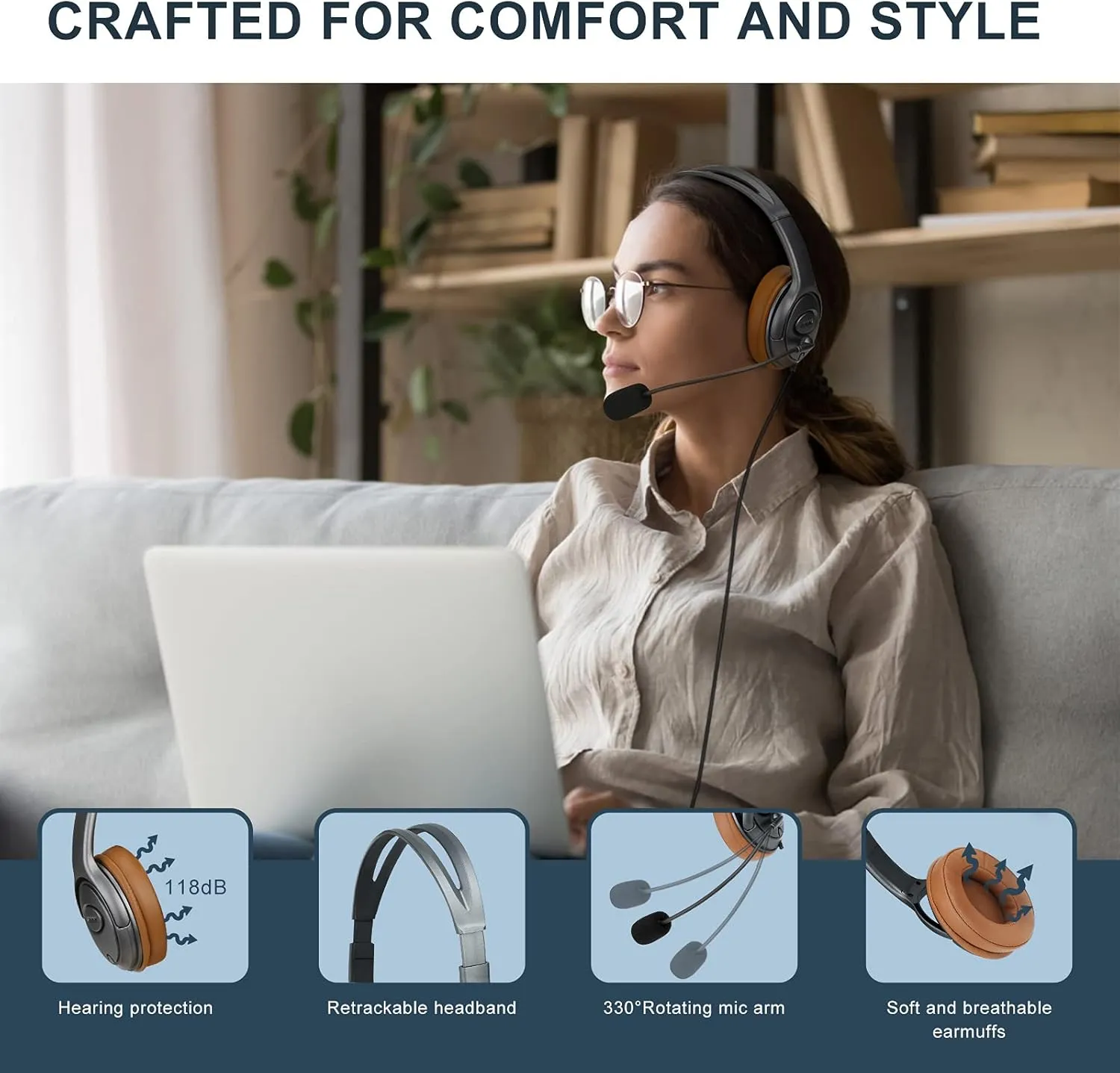 USB Headset with Noise Cancelling Mic for PC, Laptop, Computer - Over-Ear Office Headset with Mute Button & Volume Control, Plug & Play for Online Meetings, Voice Recognition, Comfort Fit Design