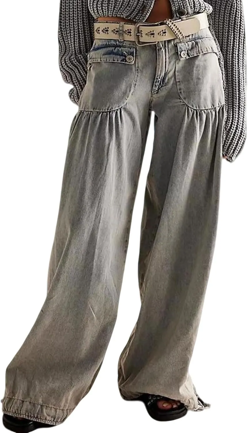 utcoco Women's 2025 Baggy Jeans Y2k Low Rise Pleated Jeans Loose Straight Boyfriend Adjustable Leg Denim Pants