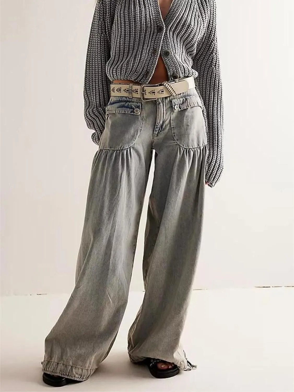 utcoco Women's 2025 Baggy Jeans Y2k Low Rise Pleated Jeans Loose Straight Boyfriend Adjustable Leg Denim Pants