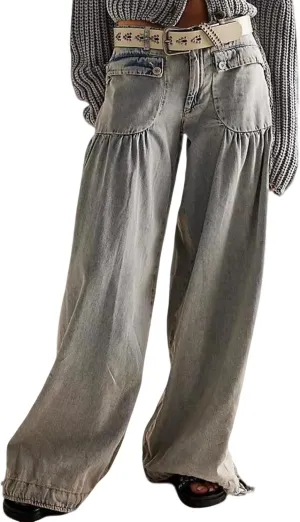 utcoco Women's 2025 Baggy Jeans Y2k Low Rise Pleated Jeans Loose Straight Boyfriend Adjustable Leg Denim Pants