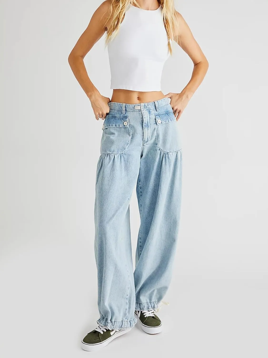 utcoco Women's 2025 Baggy Jeans Y2k Low Rise Pleated Jeans Loose Straight Boyfriend Adjustable Leg Denim Pants