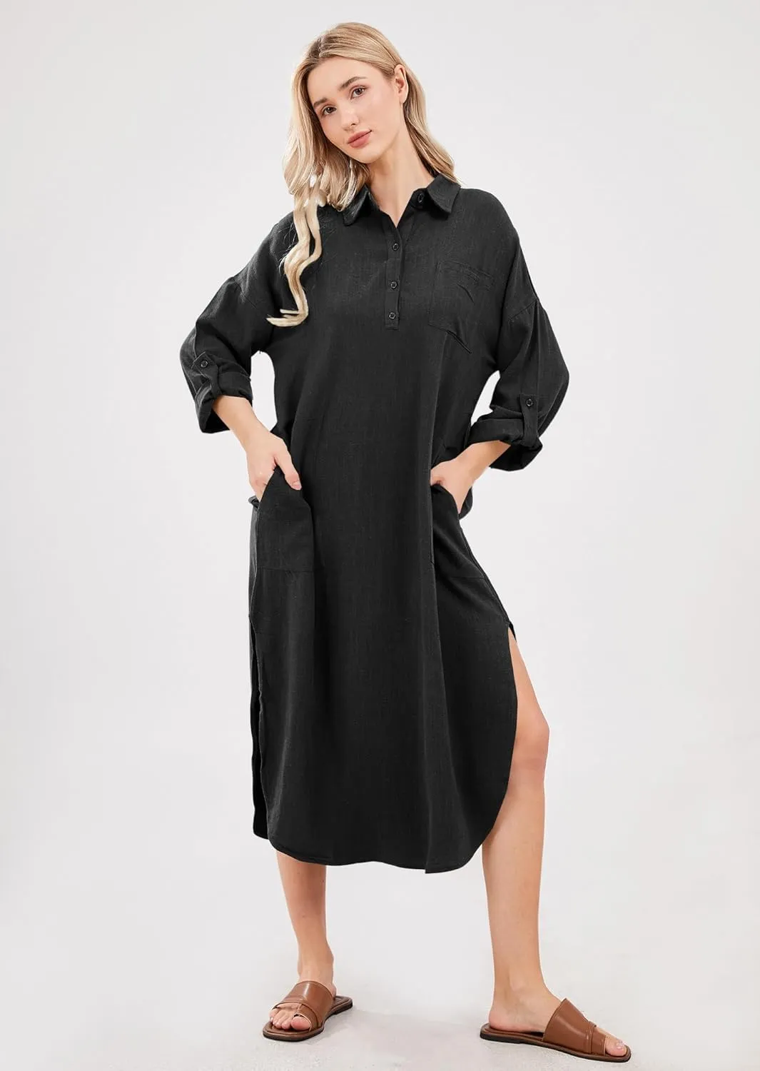 utcoco Womens Casual Loose Cotton Linen Long Shirt Dress Lapel Button Cuffed Sleeve Side Split Dresses with Pockets