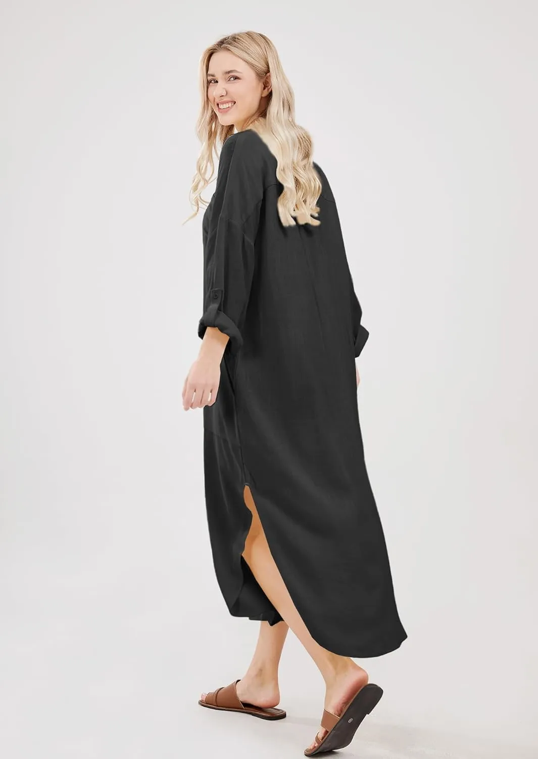 utcoco Womens Casual Loose Cotton Linen Long Shirt Dress Lapel Button Cuffed Sleeve Side Split Dresses with Pockets
