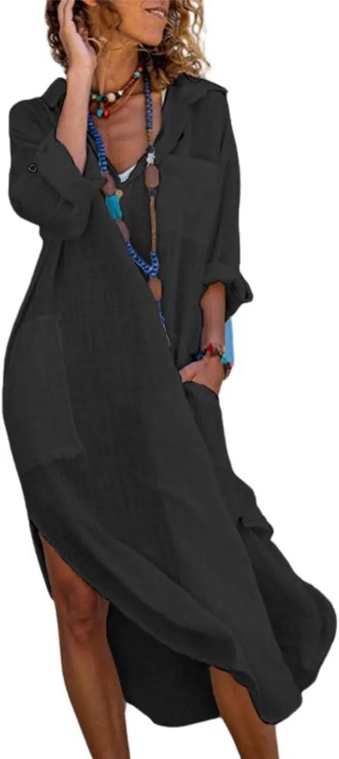 utcoco Womens Casual Loose Cotton Linen Long Shirt Dress Lapel Button Cuffed Sleeve Side Split Dresses with Pockets