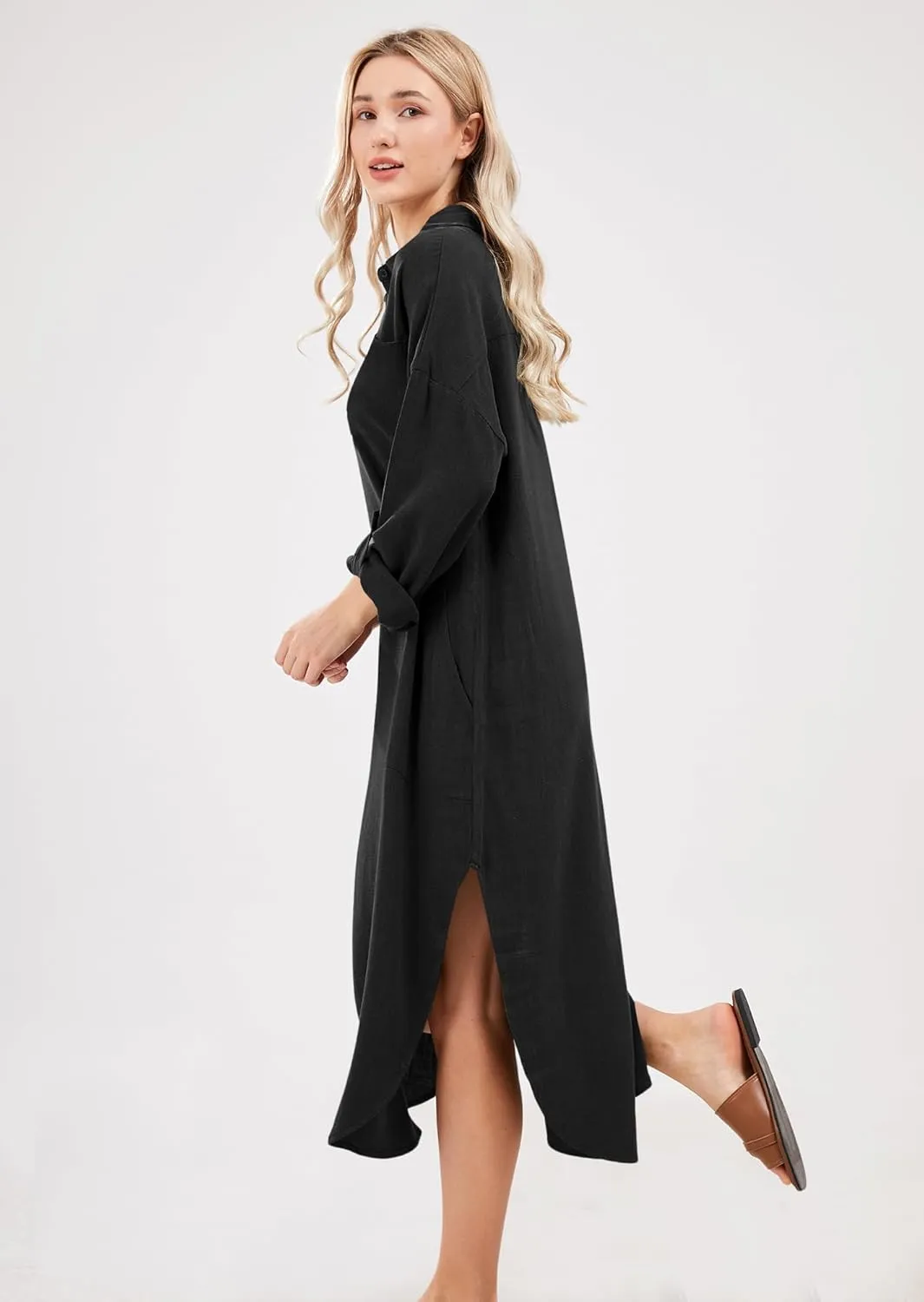utcoco Womens Casual Loose Cotton Linen Long Shirt Dress Lapel Button Cuffed Sleeve Side Split Dresses with Pockets