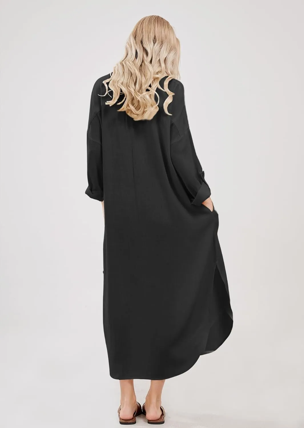 utcoco Womens Casual Loose Cotton Linen Long Shirt Dress Lapel Button Cuffed Sleeve Side Split Dresses with Pockets