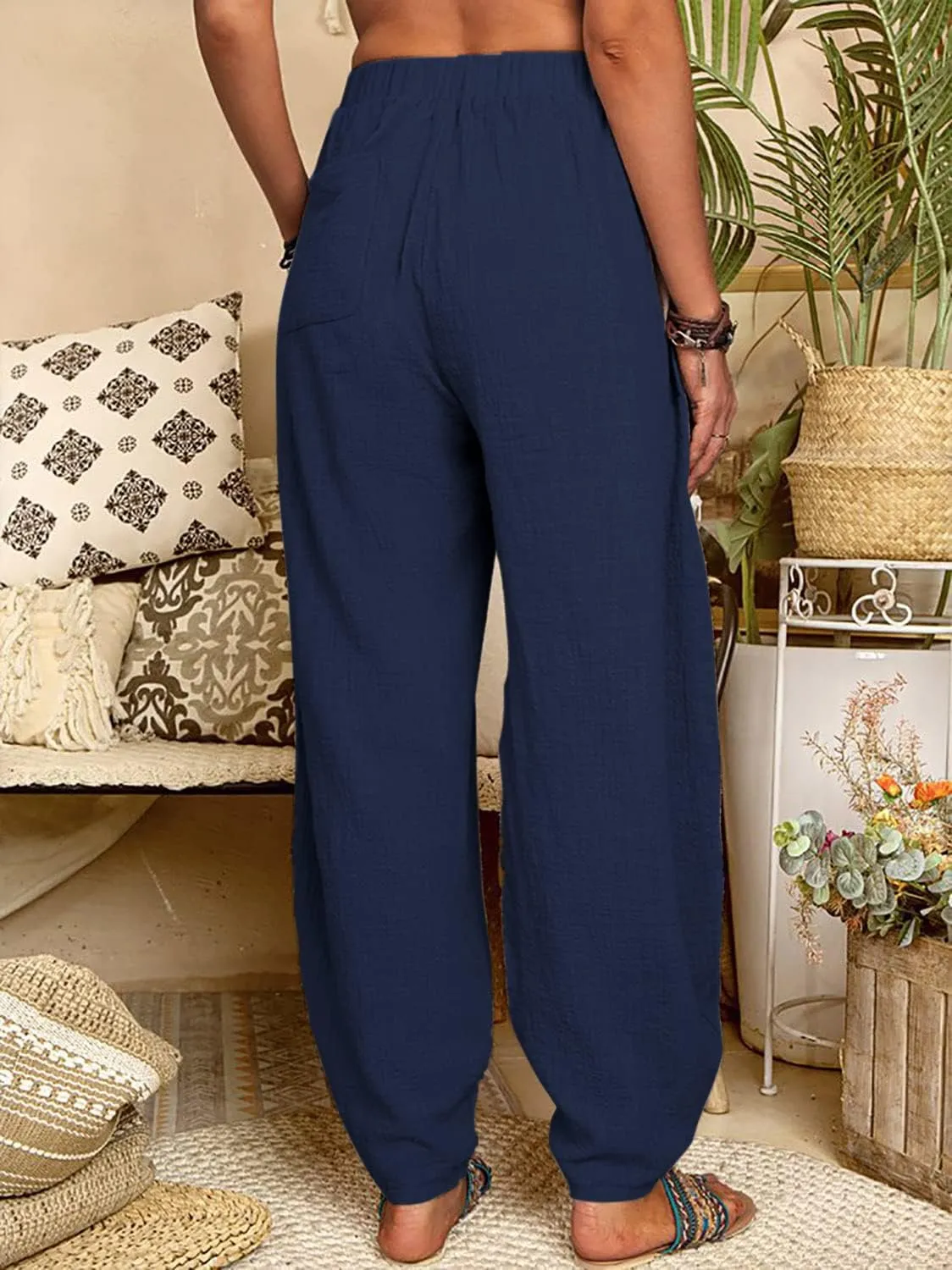 utcoco Women's Cotton Linen Harem Pants Casual Loose Fit High Waisted Pants Trousers with Pockets