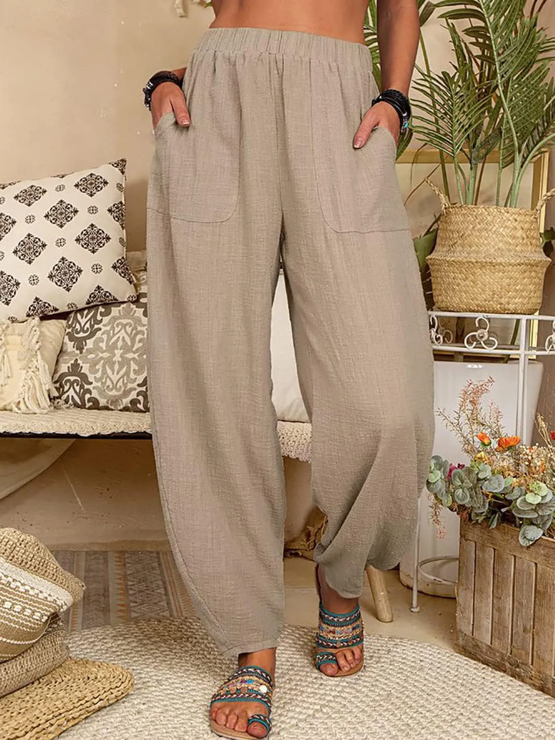 utcoco Women's Cotton Linen Harem Pants Casual Loose Fit High Waisted Pants Trousers with Pockets