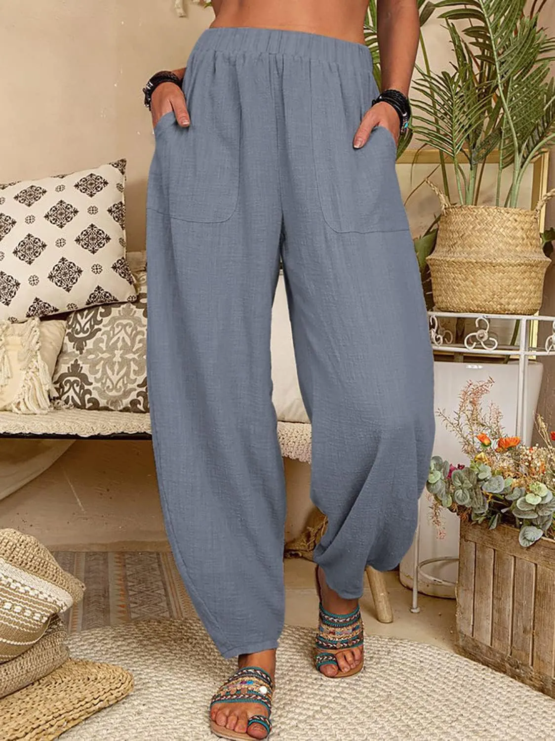 utcoco Women's Cotton Linen Harem Pants Casual Loose Fit High Waisted Pants Trousers with Pockets