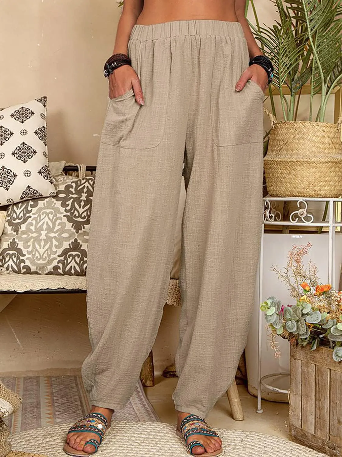 utcoco Women's Cotton Linen Harem Pants Casual Loose Fit High Waisted Pants Trousers with Pockets