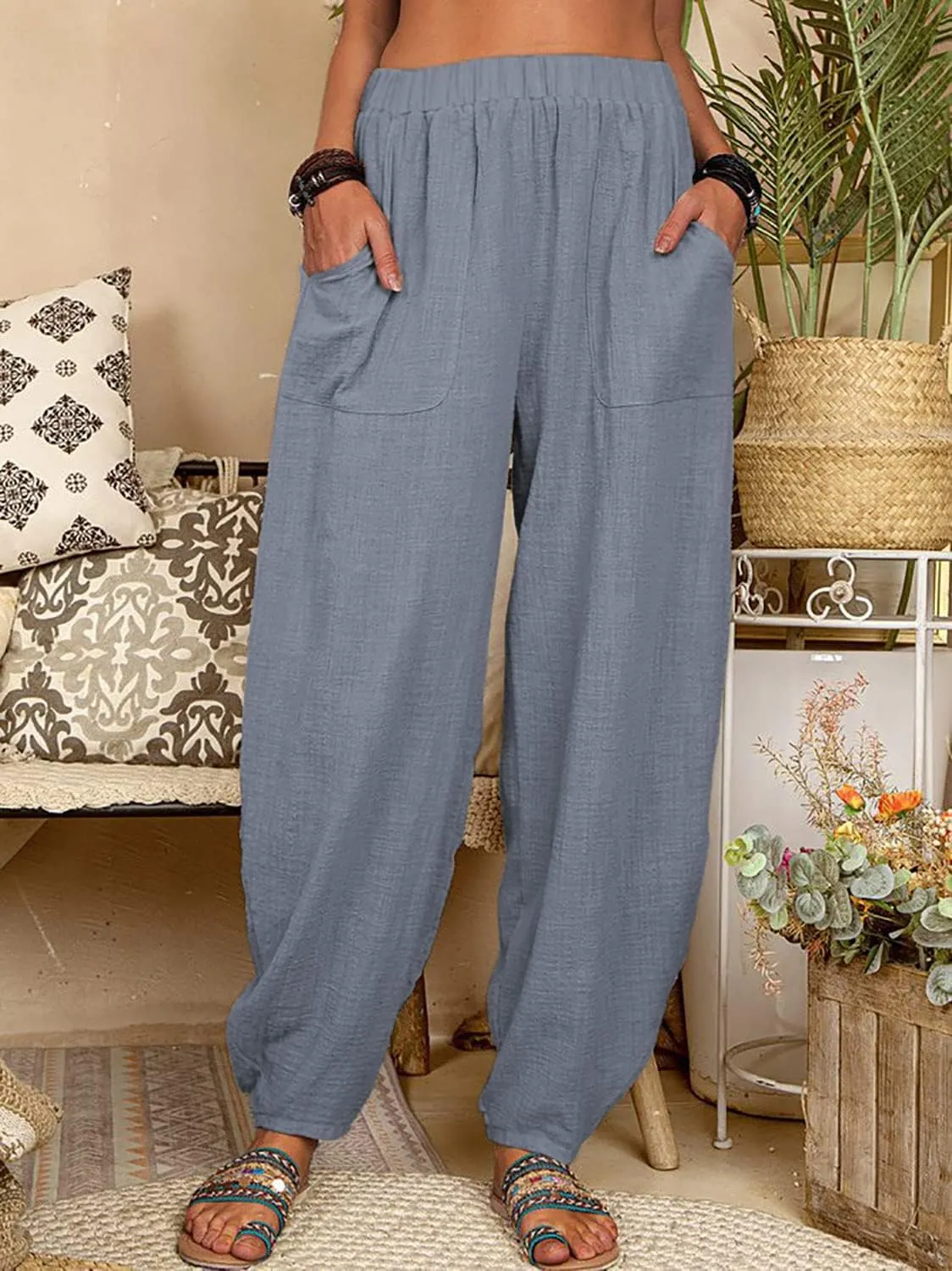 utcoco Women's Cotton Linen Harem Pants Casual Loose Fit High Waisted Pants Trousers with Pockets