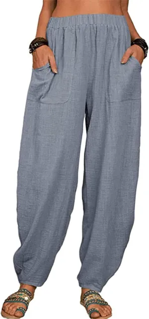 utcoco Women's Cotton Linen Harem Pants Casual Loose Fit High Waisted Pants Trousers with Pockets