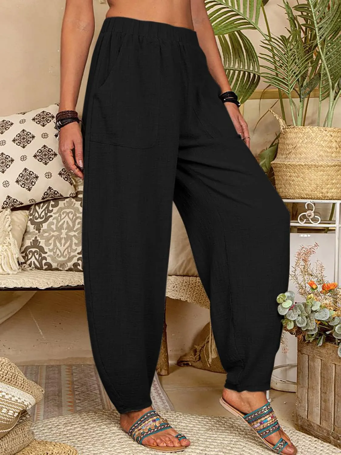 utcoco Women's Cotton Linen Harem Pants Casual Loose Fit High Waisted Pants Trousers with Pockets