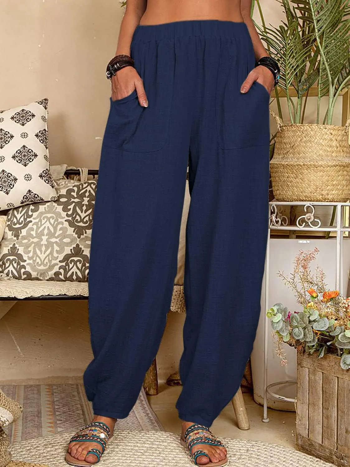 utcoco Women's Cotton Linen Harem Pants Casual Loose Fit High Waisted Pants Trousers with Pockets