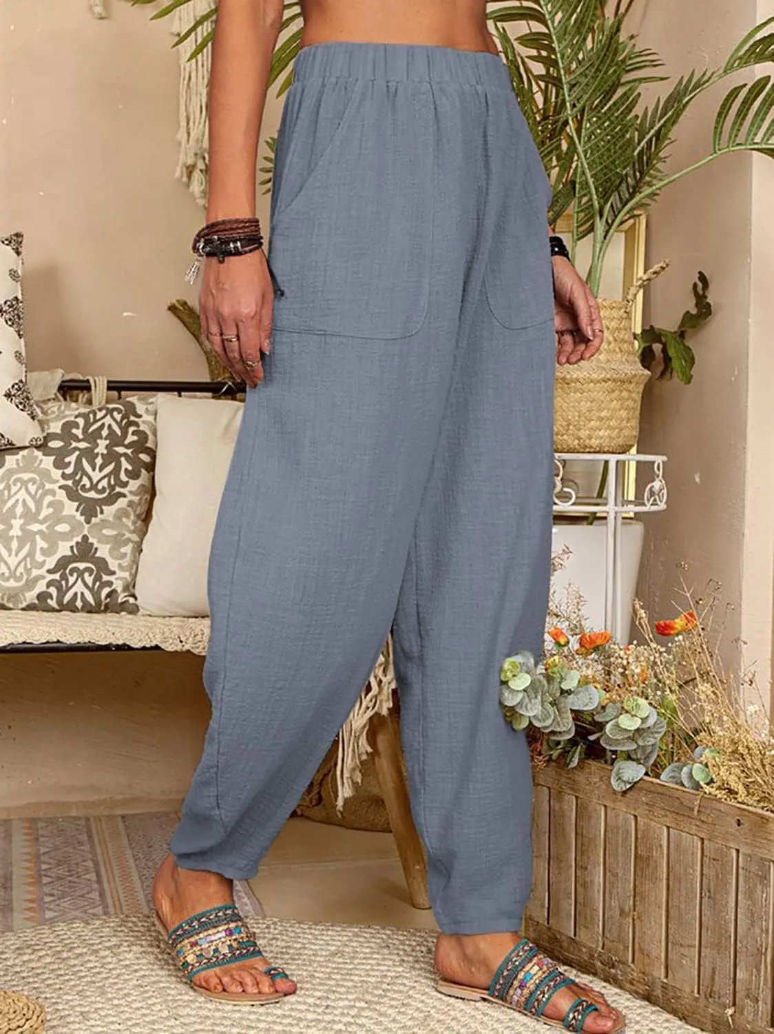 utcoco Women's Cotton Linen Harem Pants Casual Loose Fit High Waisted Pants Trousers with Pockets