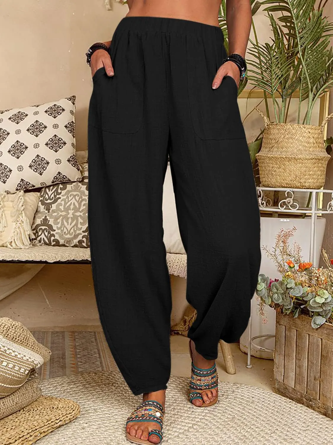 utcoco Women's Cotton Linen Harem Pants Casual Loose Fit High Waisted Pants Trousers with Pockets