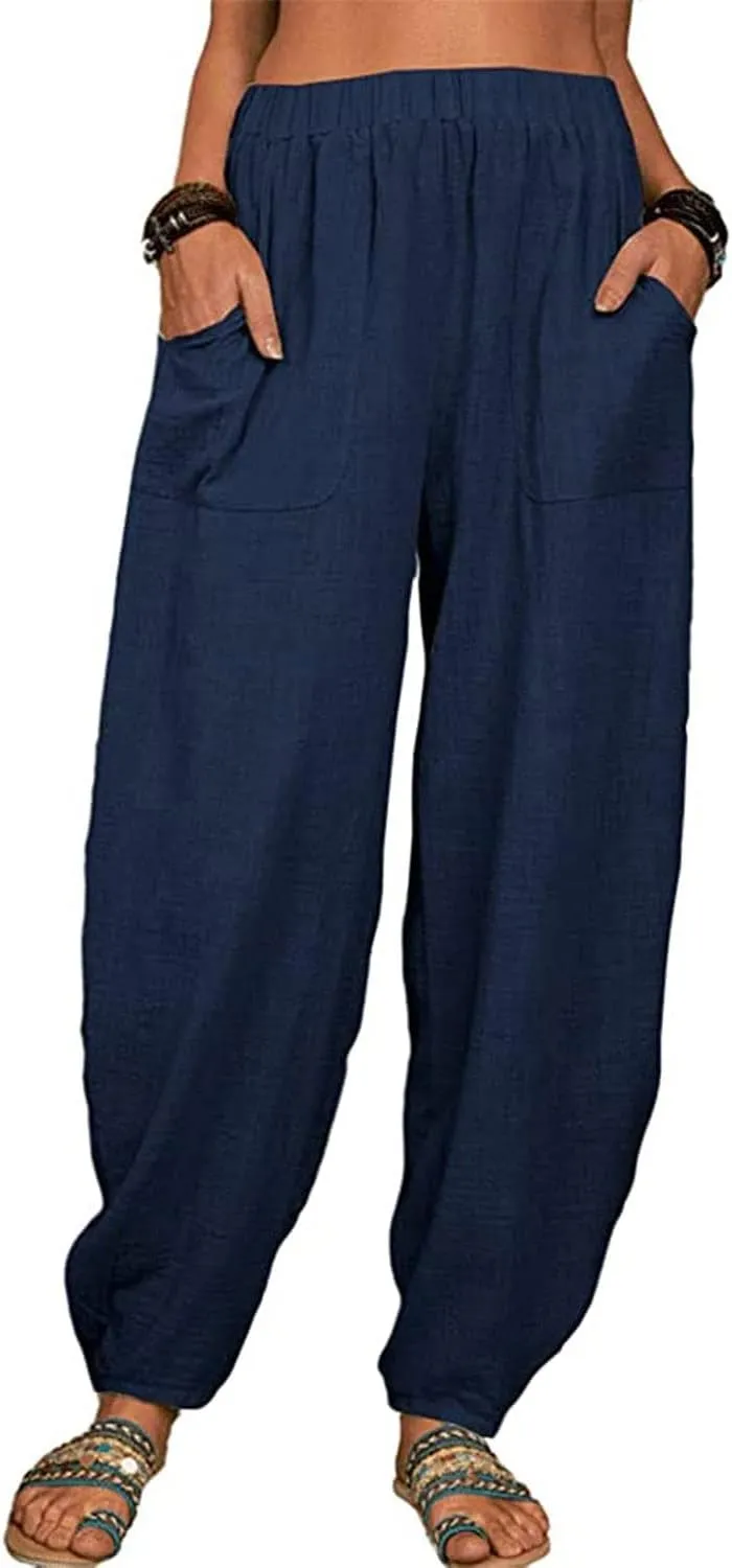 utcoco Women's Cotton Linen Harem Pants Casual Loose Fit High Waisted Pants Trousers with Pockets