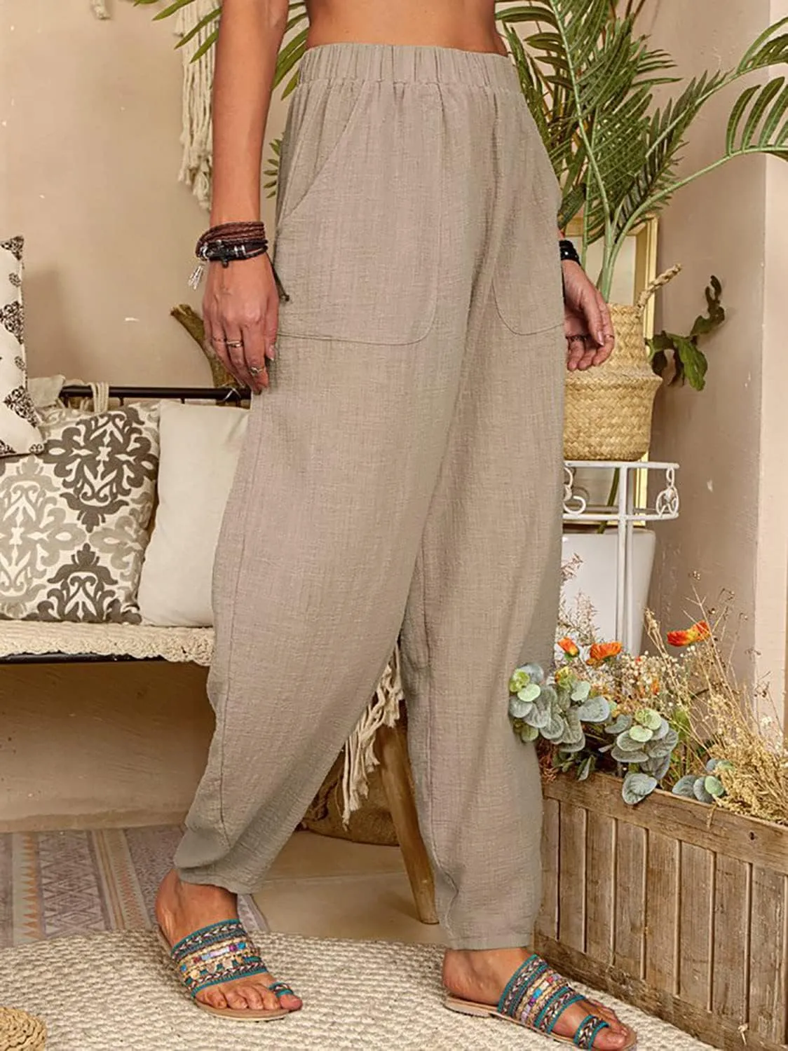 utcoco Women's Cotton Linen Harem Pants Casual Loose Fit High Waisted Pants Trousers with Pockets