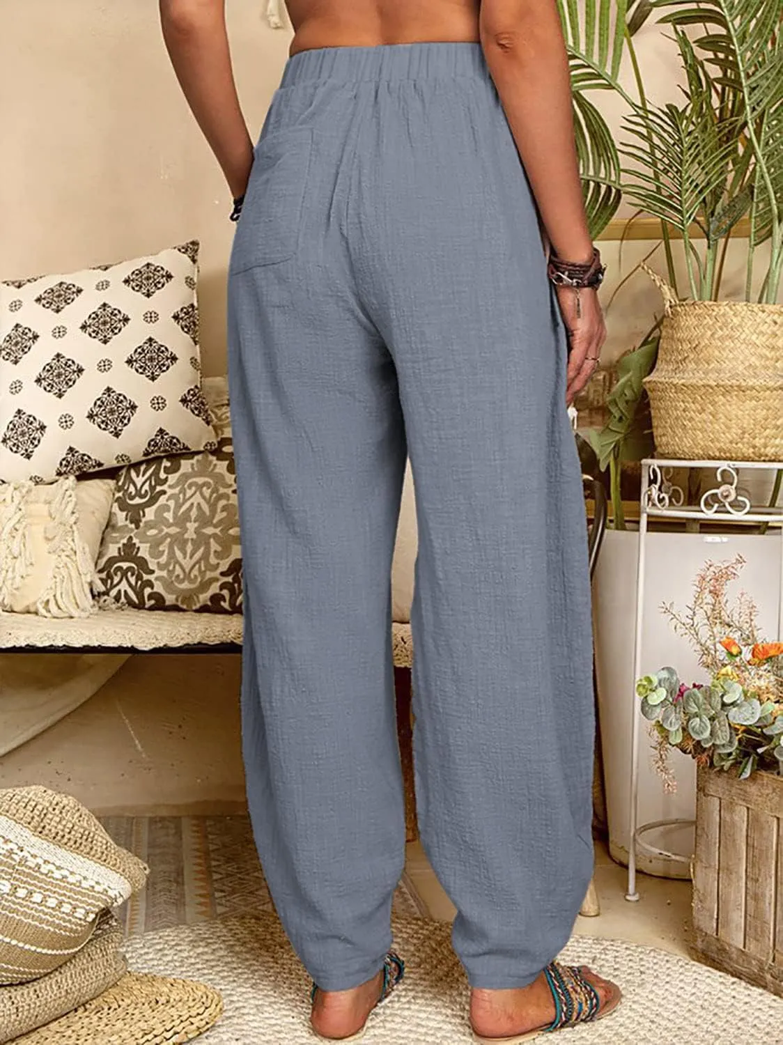 utcoco Women's Cotton Linen Harem Pants Casual Loose Fit High Waisted Pants Trousers with Pockets