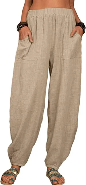 utcoco Women's Cotton Linen Harem Pants Casual Loose Fit High Waisted Pants Trousers with Pockets