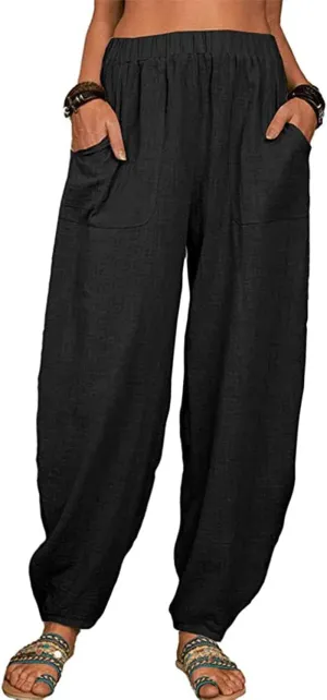 utcoco Women's Cotton Linen Harem Pants Casual Loose Fit High Waisted Pants Trousers with Pockets