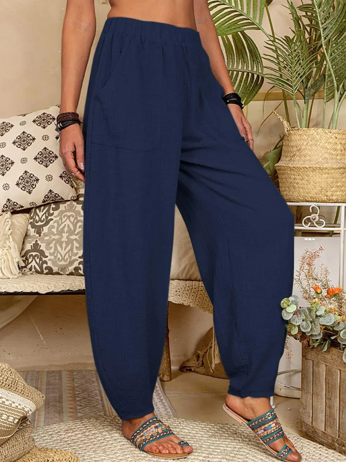 utcoco Women's Cotton Linen Harem Pants Casual Loose Fit High Waisted Pants Trousers with Pockets