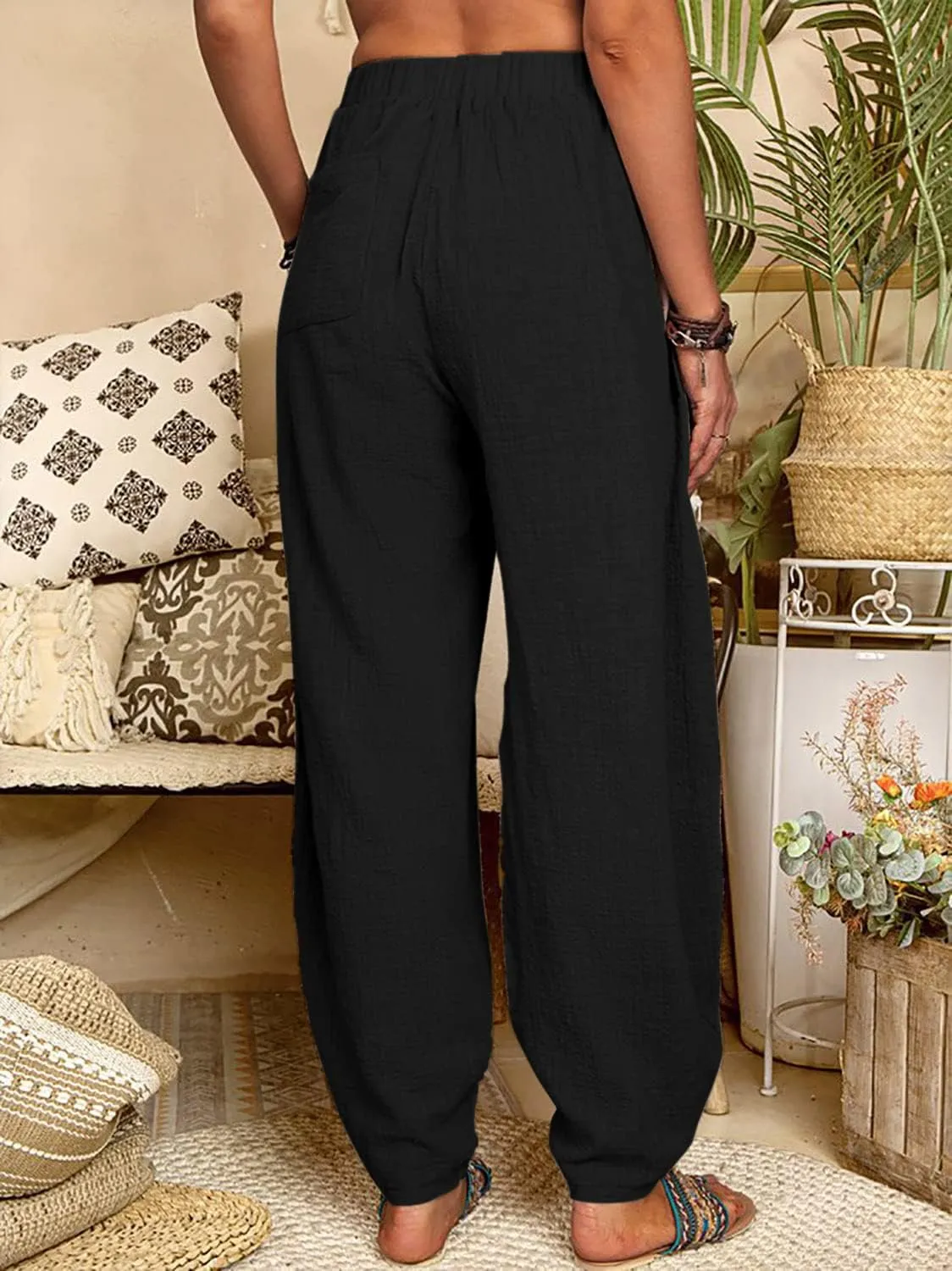 utcoco Women's Cotton Linen Harem Pants Casual Loose Fit High Waisted Pants Trousers with Pockets