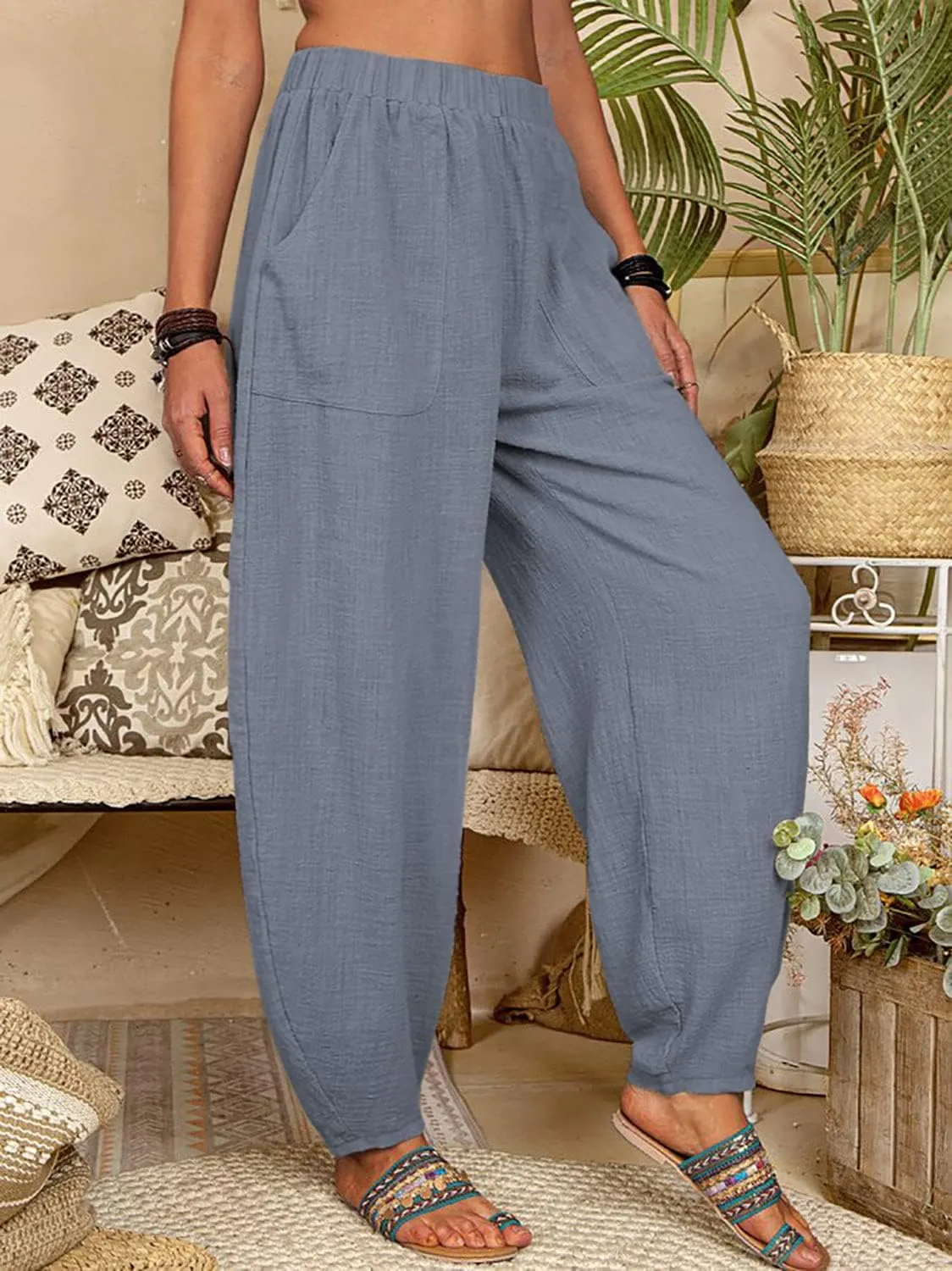 utcoco Women's Cotton Linen Harem Pants Casual Loose Fit High Waisted Pants Trousers with Pockets