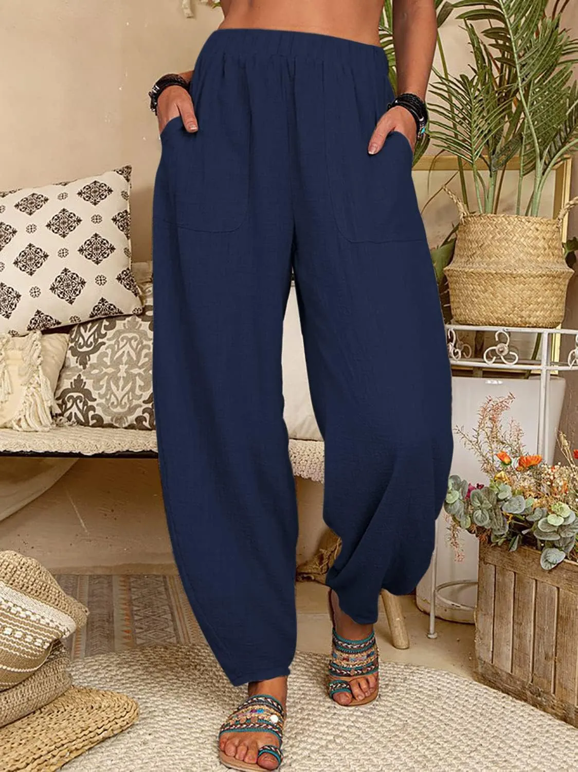 utcoco Women's Cotton Linen Harem Pants Casual Loose Fit High Waisted Pants Trousers with Pockets