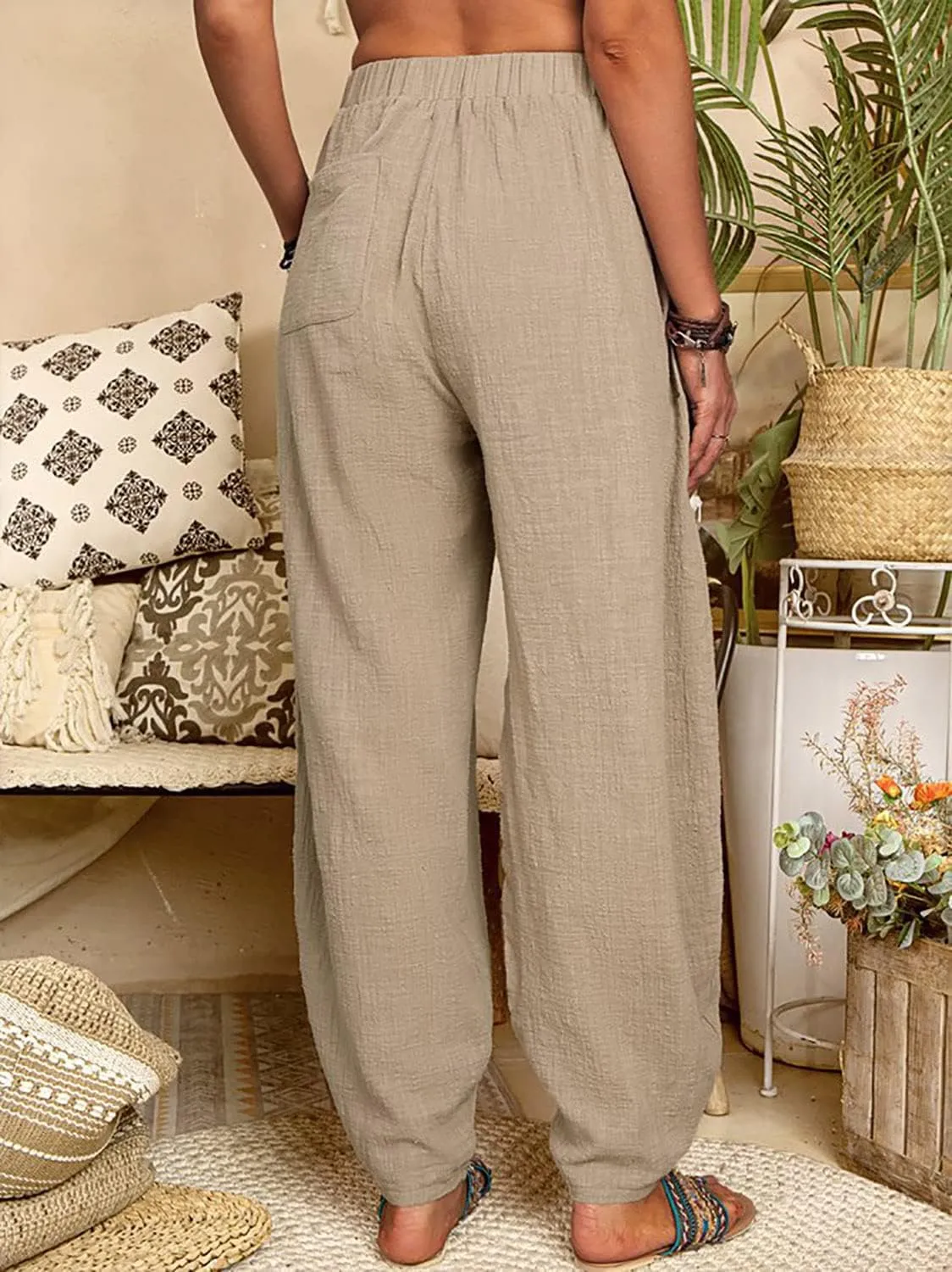 utcoco Women's Cotton Linen Harem Pants Casual Loose Fit High Waisted Pants Trousers with Pockets