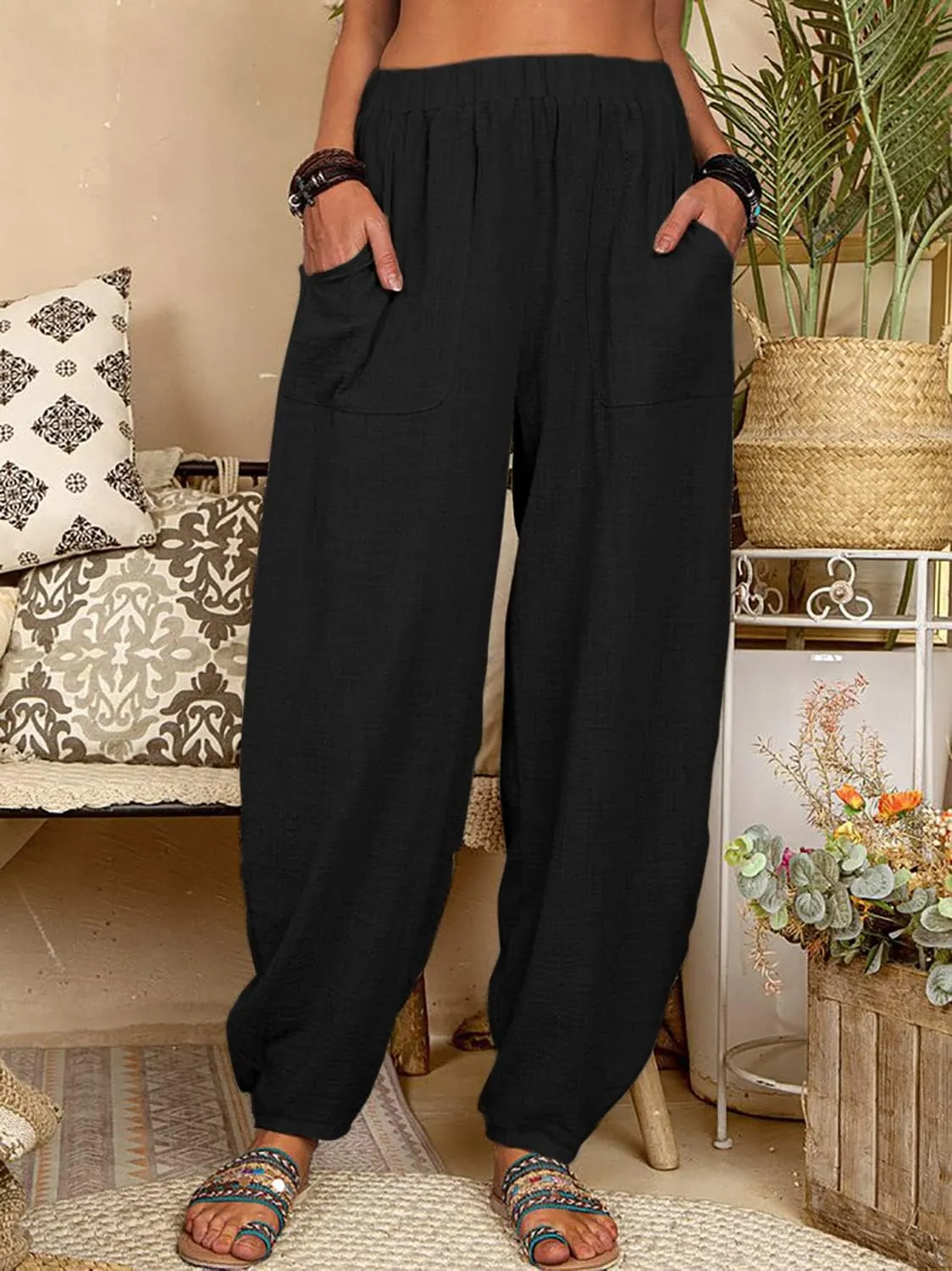 utcoco Women's Cotton Linen Harem Pants Casual Loose Fit High Waisted Pants Trousers with Pockets