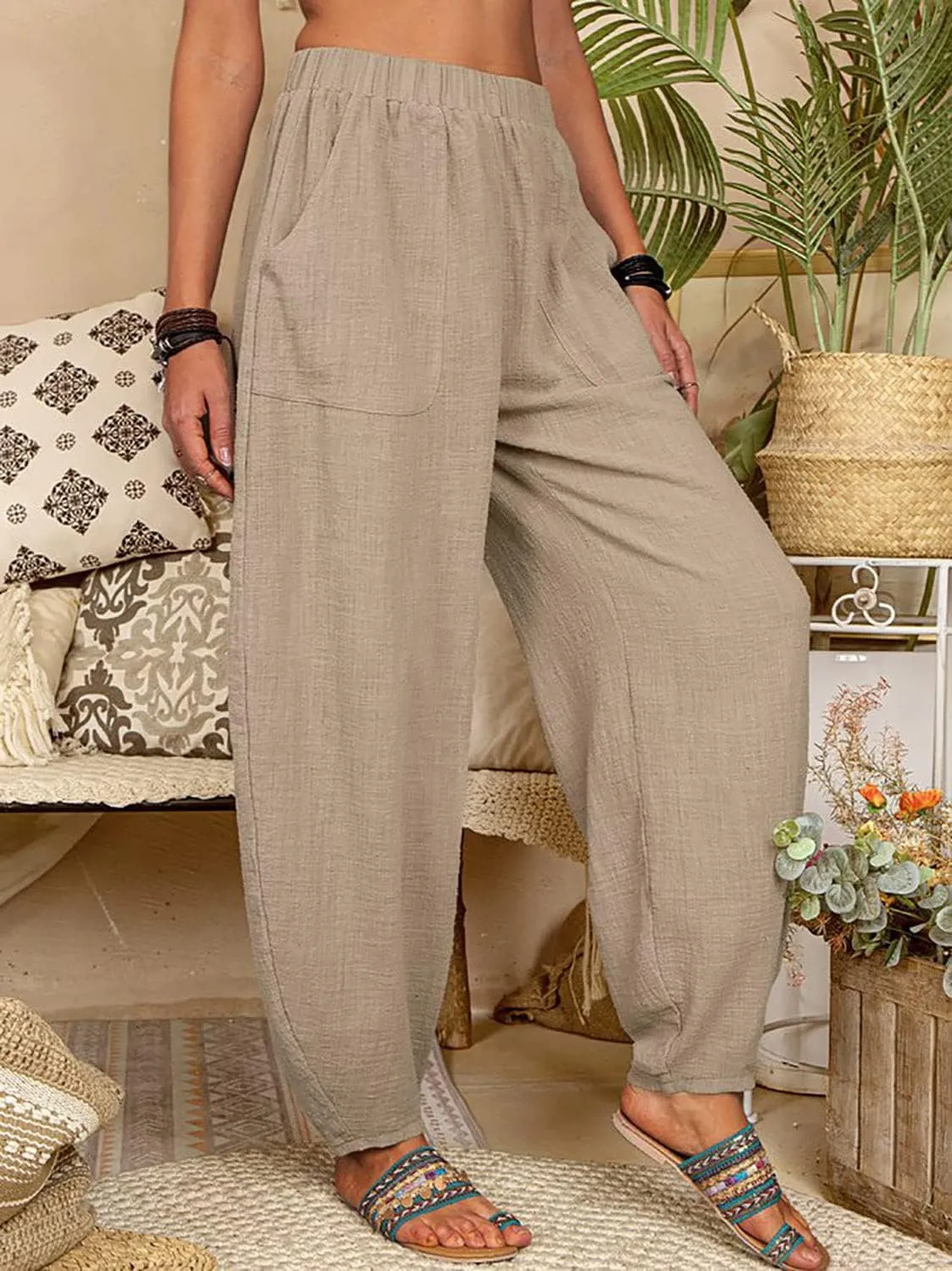 utcoco Women's Cotton Linen Harem Pants Casual Loose Fit High Waisted Pants Trousers with Pockets