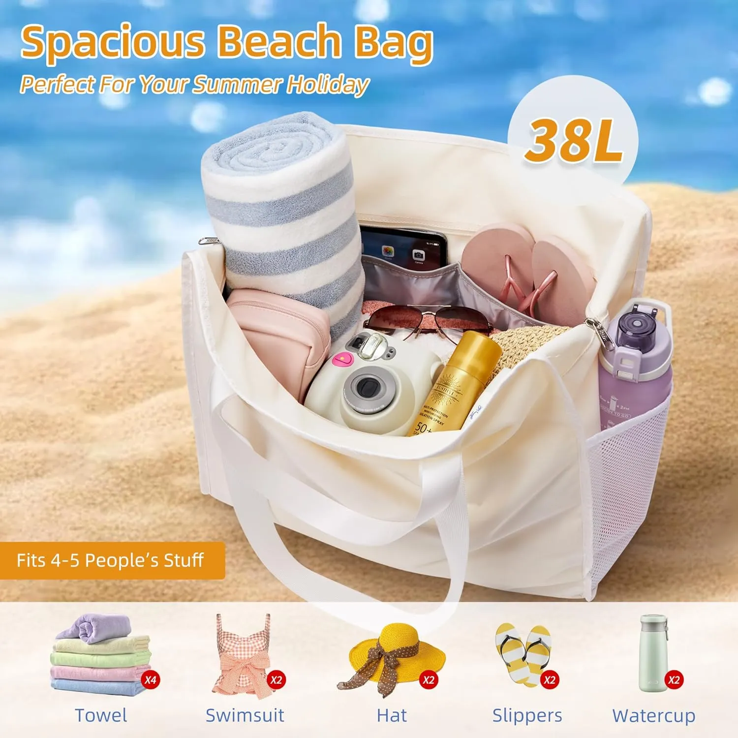 Utility Tote Beach Bag Waterproof Sandproof Women 38L Large Travel Shoulder Handbag Pool Bag Zip Foldable Bottom Pad