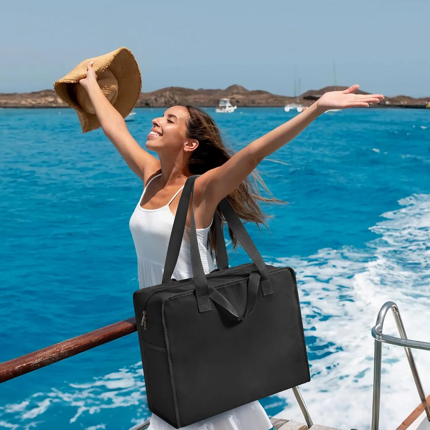 Utility Tote Beach Bag Waterproof Sandproof Women 38L Large Travel Shoulder Handbag Pool Bag Zip Foldable Bottom Pad