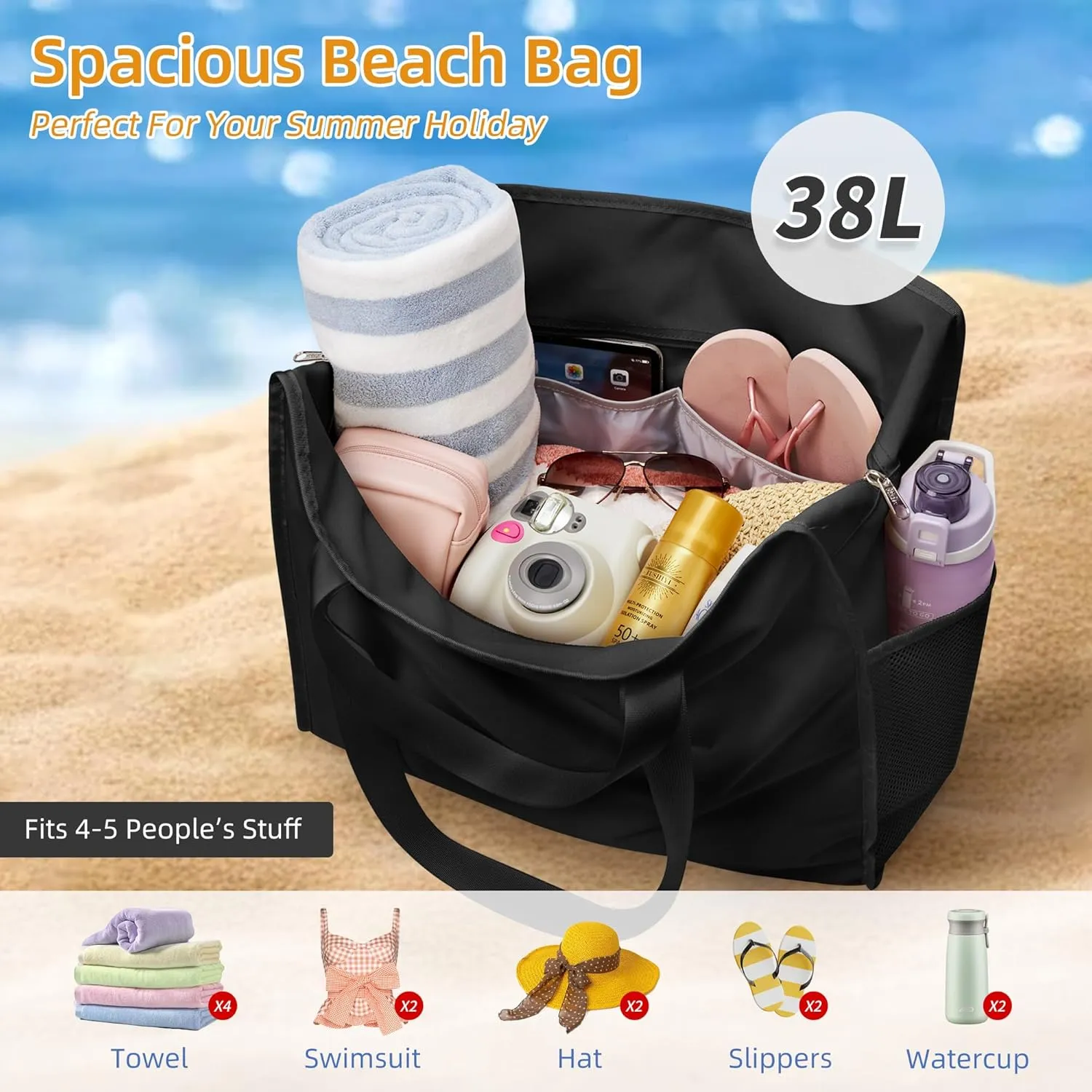 Utility Tote Beach Bag Waterproof Sandproof Women 38L Large Travel Shoulder Handbag Pool Bag Zip Foldable Bottom Pad