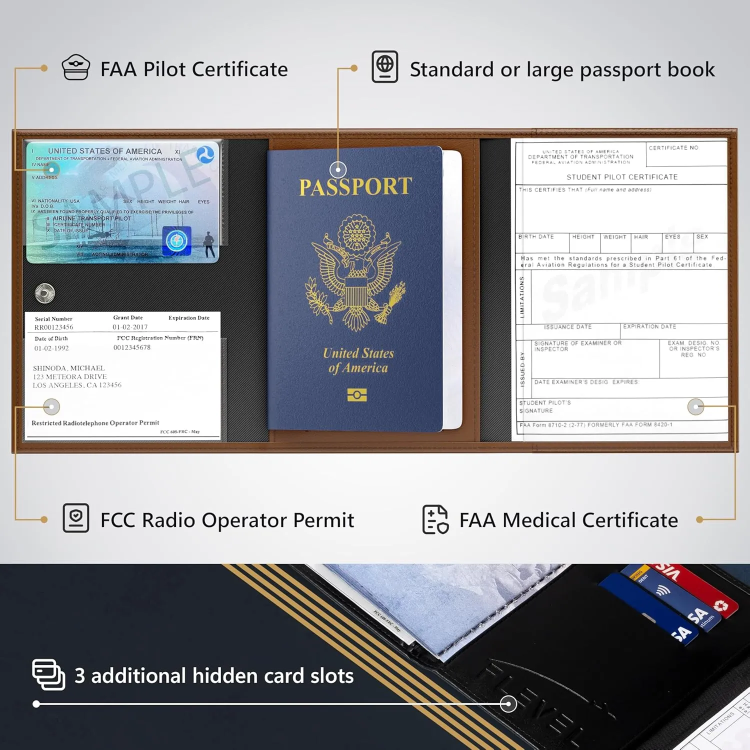 V1 Pilot document holder, Pilot wallet, RFID-Blocking, Travel Wallet, Stylish Travel Companion for Aviation Professionals