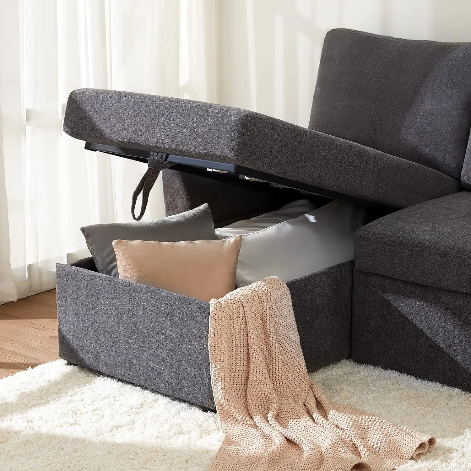 VanAcc Sleeper Sofa, Sofa Bed- 2 in 1 Pull Out Couch Bed with Storage Chaise, Sleeper Couch for Living Room, Grey Linen