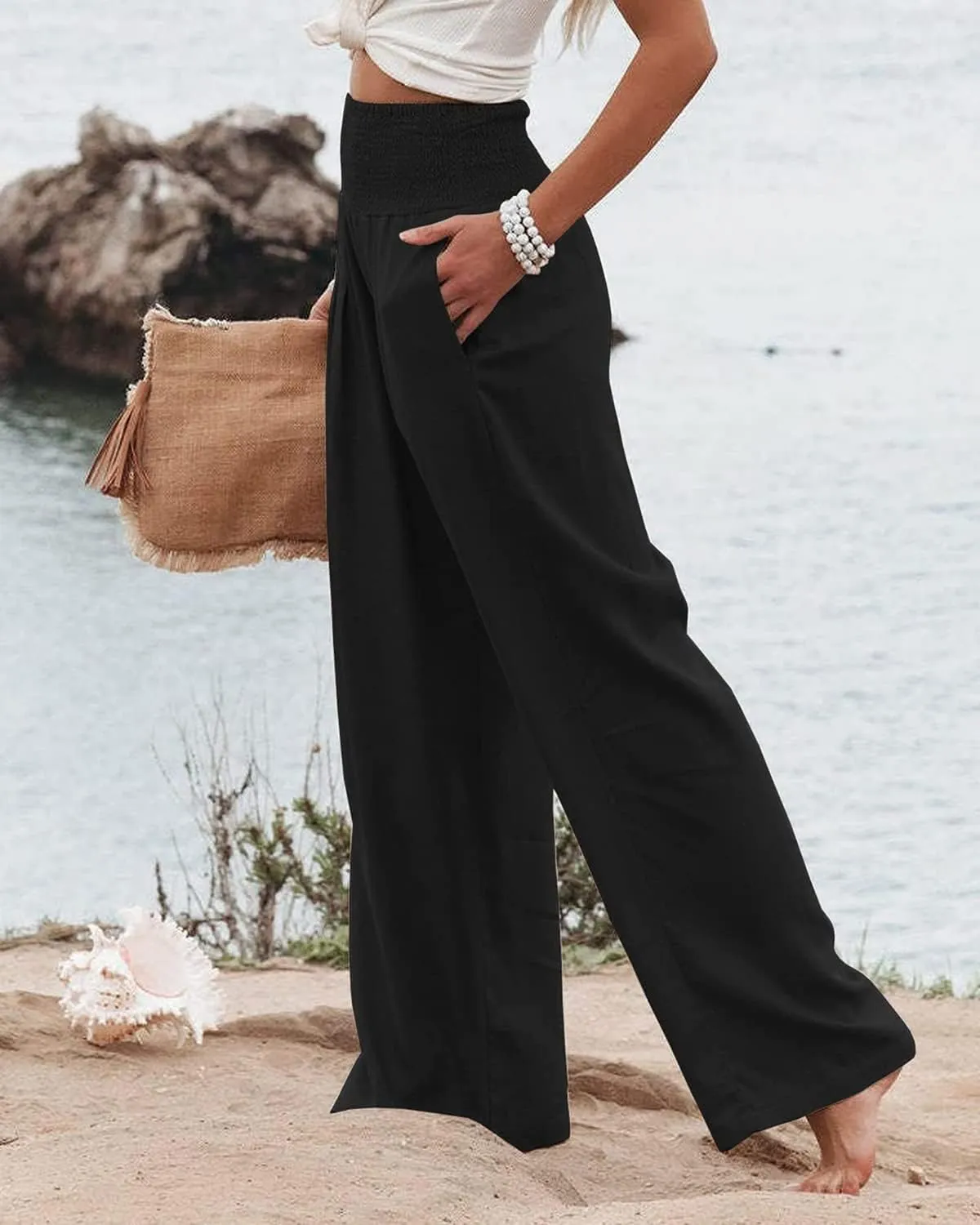 Vansha Women Summer High Waisted Cotton Linen Palazzo Pants Wide Leg Long Lounge Pant Trousers with Pocket