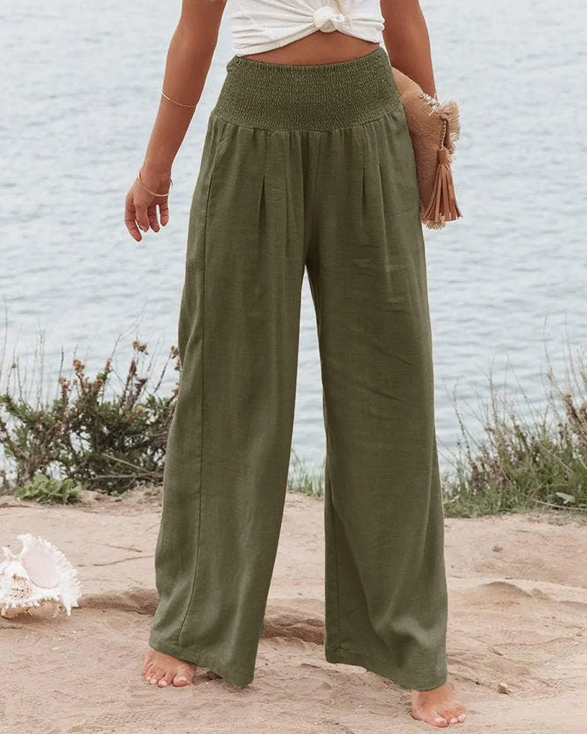 Vansha Women Summer High Waisted Cotton Linen Palazzo Pants Wide Leg Long Lounge Pant Trousers with Pocket