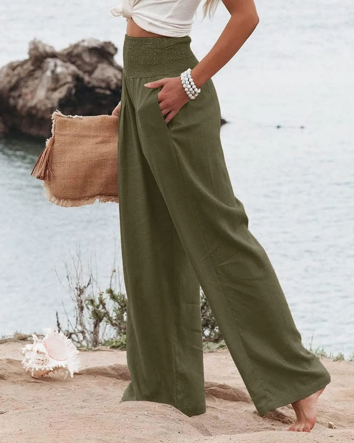 Vansha Women Summer High Waisted Cotton Linen Palazzo Pants Wide Leg Long Lounge Pant Trousers with Pocket