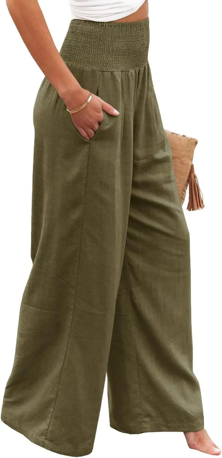Vansha Women Summer High Waisted Cotton Linen Palazzo Pants Wide Leg Long Lounge Pant Trousers with Pocket