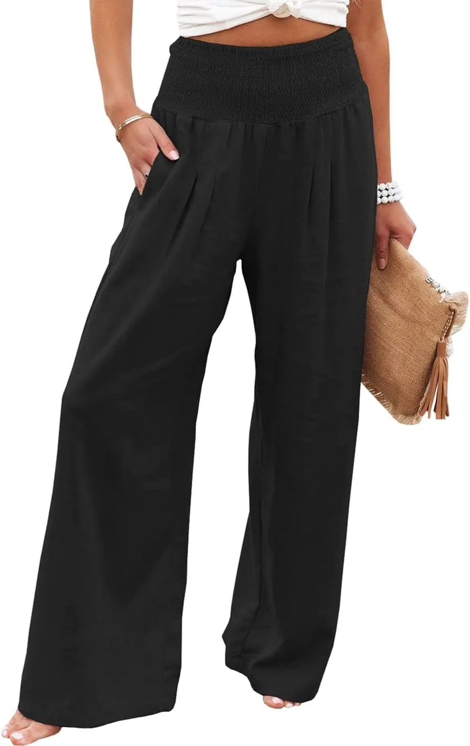 Vansha Women Summer High Waisted Cotton Linen Palazzo Pants Wide Leg Long Lounge Pant Trousers with Pocket