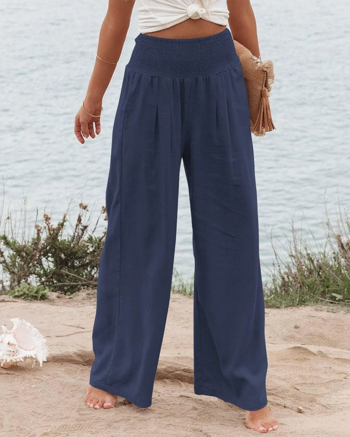 Vansha Women Summer High Waisted Cotton Linen Palazzo Pants Wide Leg Long Lounge Pant Trousers with Pocket