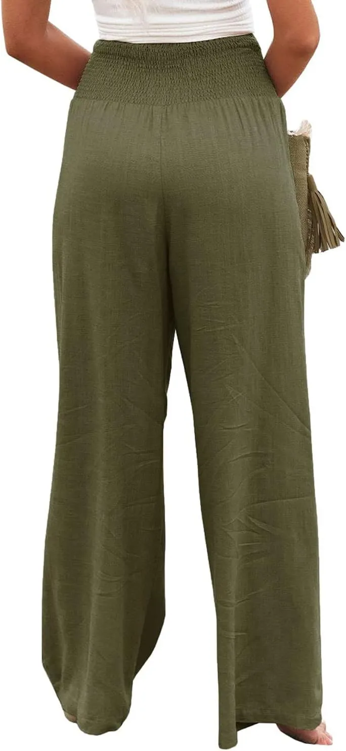 Vansha Women Summer High Waisted Cotton Linen Palazzo Pants Wide Leg Long Lounge Pant Trousers with Pocket