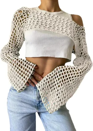 VAOYIU Women's Knit Crochet Crop Tops Long Sleeve Beach Cover Ups Hollow Out Off-Shoulder Y2K Pullover Sweater T-Shirt