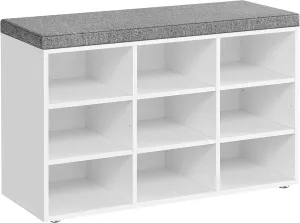 VASAGLE Shoe Bench with Cushion, Storage Bench with Padded Seat, Entryway Bench with 9 Compartments, for Bedroom, 11.9 x 30.9 x 18.9 Inches, Cloud White and Dove Gray ULHS009W14