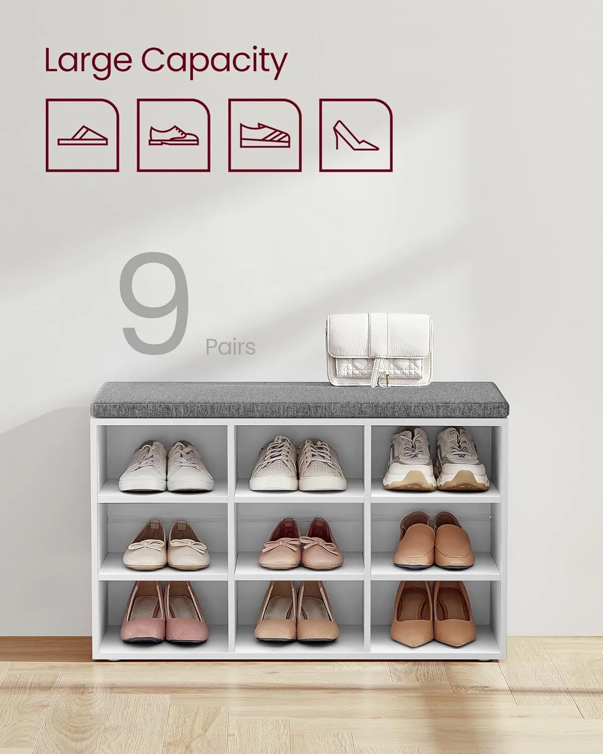 VASAGLE Shoe Bench with Cushion, Storage Bench with Padded Seat, Entryway Bench with 9 Compartments, for Bedroom, 11.9 x 30.9 x 18.9 Inches, Cloud White and Dove Gray ULHS009W14